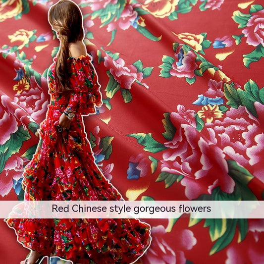 Red Chinese Style Gorgeous Flowers Print Polyester Chiffon Fabric