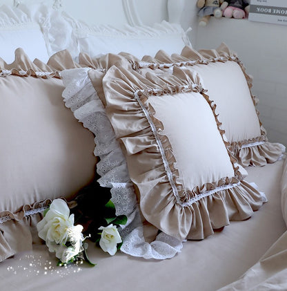 Top Luxury Khaki European Embroidery Cushion Cover Big Ruffle Lace Wrinkle Pillow Cover Cake Layers Princess Bedding Pillowcase