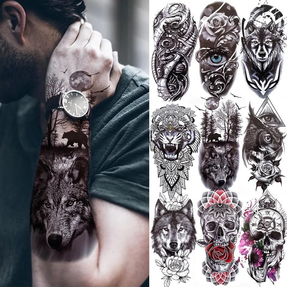 Black Forest Temporary Tattoo Sticker: Tiger, Wolf, Death Skull Designs