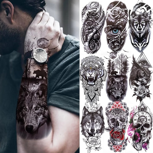 Black Forest Temporary Tattoo Sticker: Tiger, Wolf, Death Skull Designs