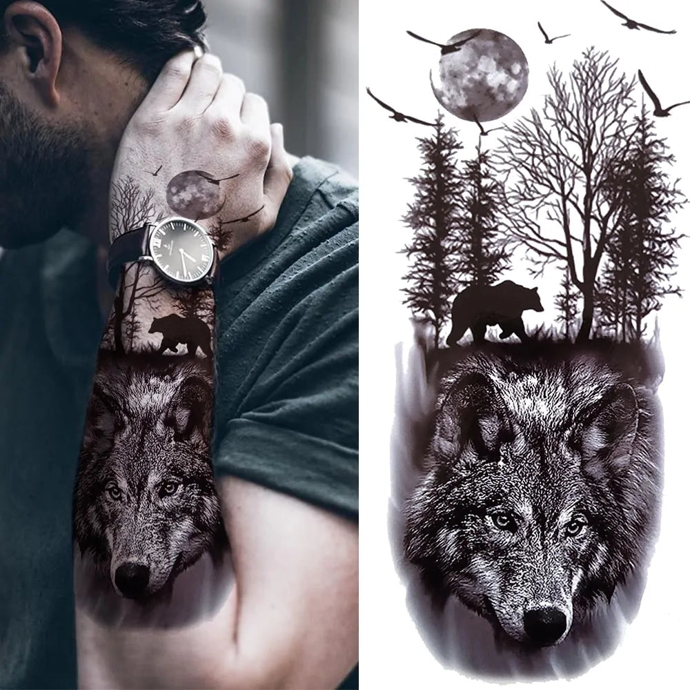 Black Forest Temporary Tattoo Sticker: Tiger, Wolf, Death Skull Designs