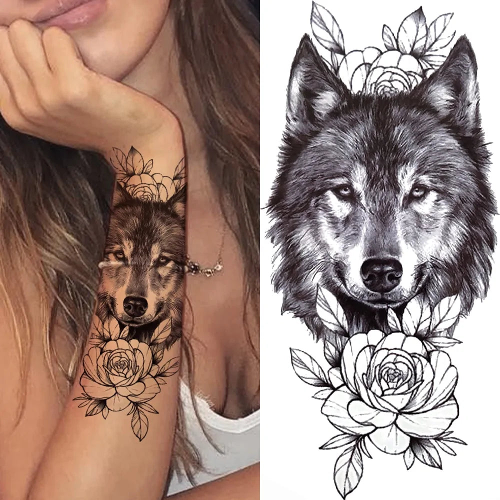 Black Forest Temporary Tattoo Sticker: Tiger, Wolf, Death Skull Designs