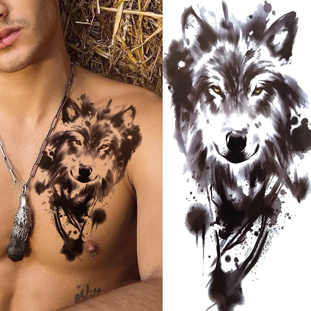 Black Forest Temporary Tattoo Sticker: Tiger, Wolf, Death Skull Designs