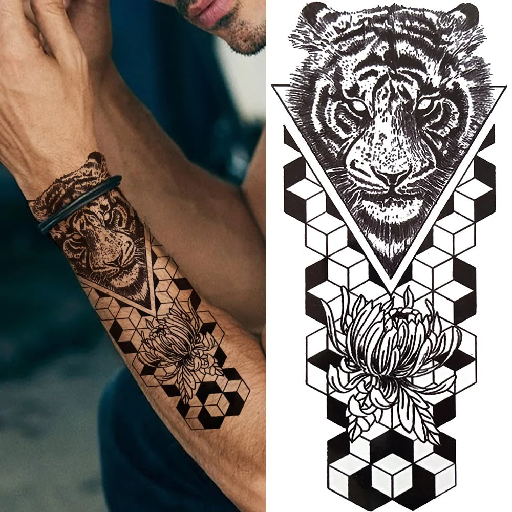 Black Forest Temporary Tattoo Sticker: Tiger, Wolf, Death Skull Designs