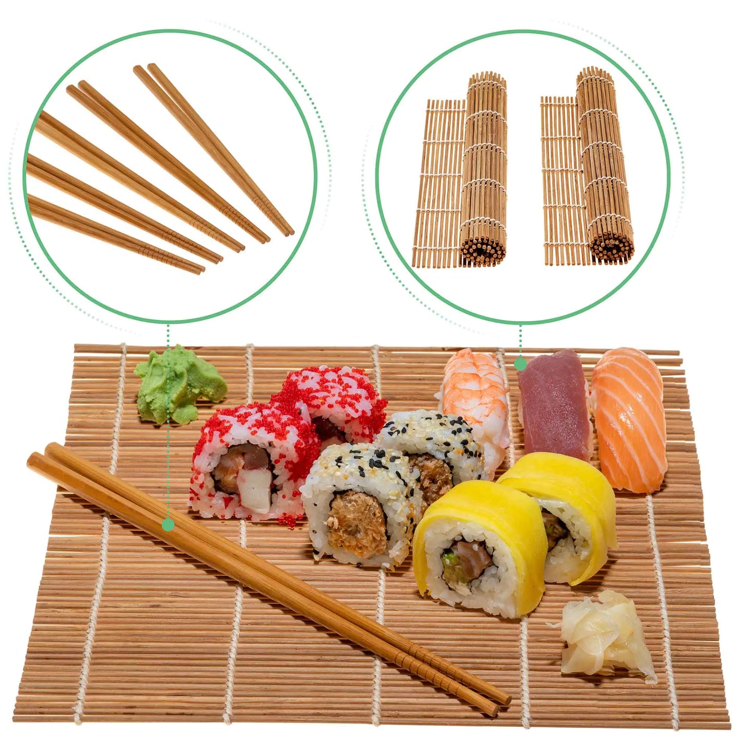 Bamboo Sushi Making Kit with 2 Sushi Rolling Mats, 5 Pairs of Reusable Bamboo Chopsticks, 1 Rice Paddle and 1 Spreader - Beginner Sushi Kit