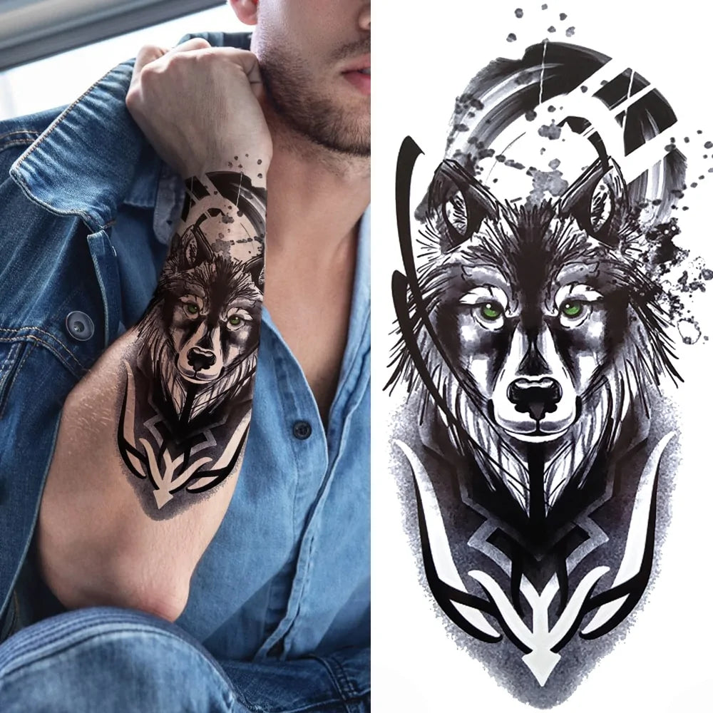 Black Forest Temporary Tattoo Sticker: Tiger, Wolf, Death Skull Designs